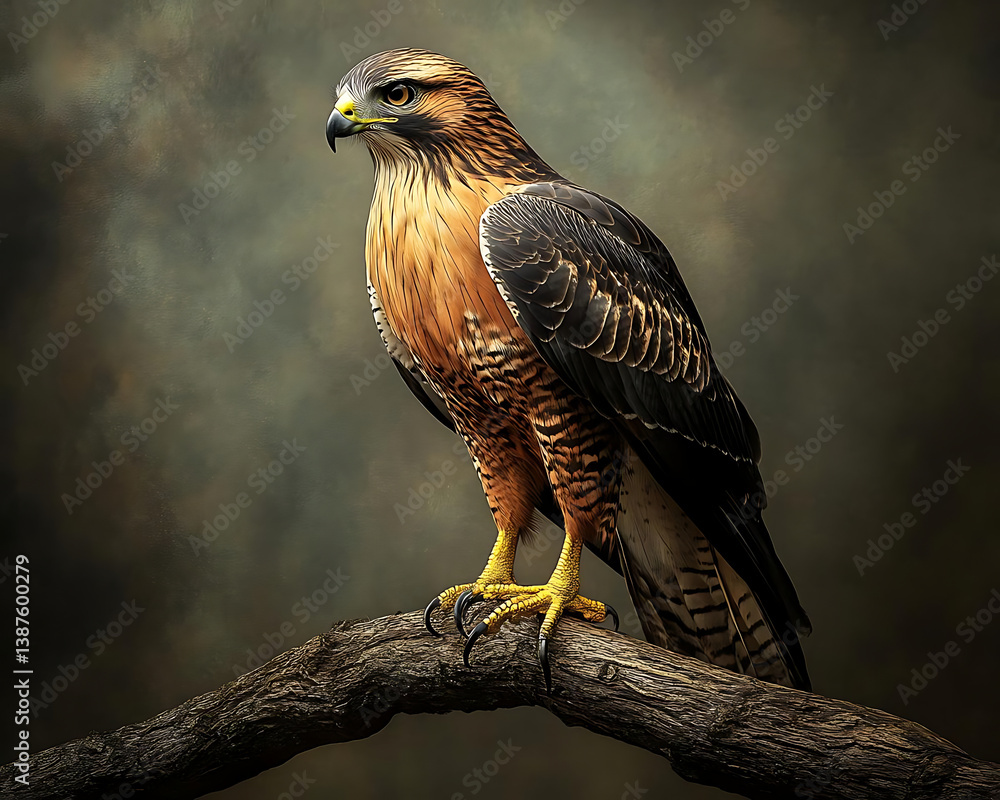 Fototapeta premium Lifelike image of hawk perched on branch, showcasing its majestic features and vibrant colors