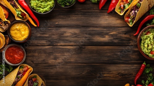 Tacos and Dips Border on Wooden Table; Food Photography