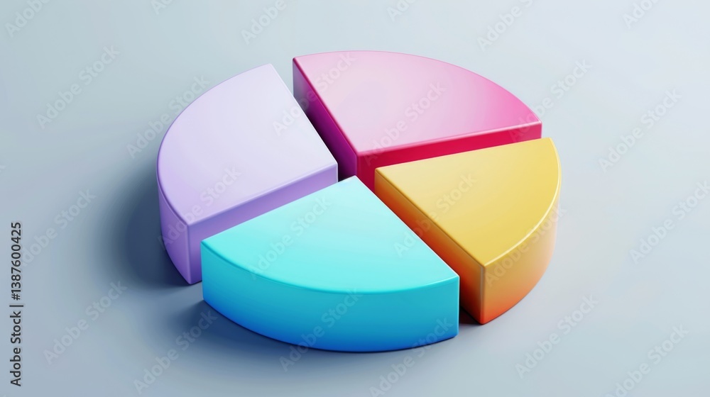 Obraz premium Clean D pie chart with five distinct parts, soft gradient colors, and a minimalist gray background