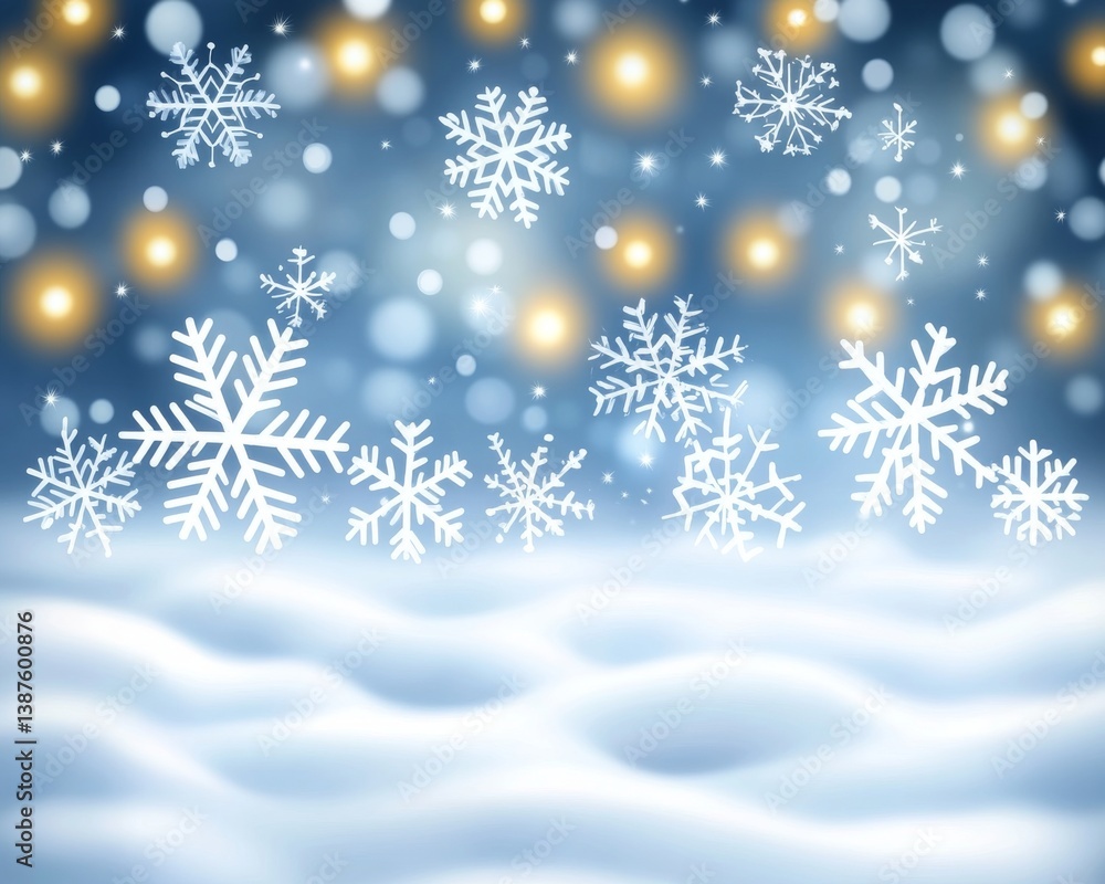 Snowflakes falling with snowy hills and glowing lights in background
Snowflakes falling with snowy hills and glowing lights in background