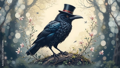 Elegant Raven Wearing a Top Hat Surrounded by Blossoms in the Forest