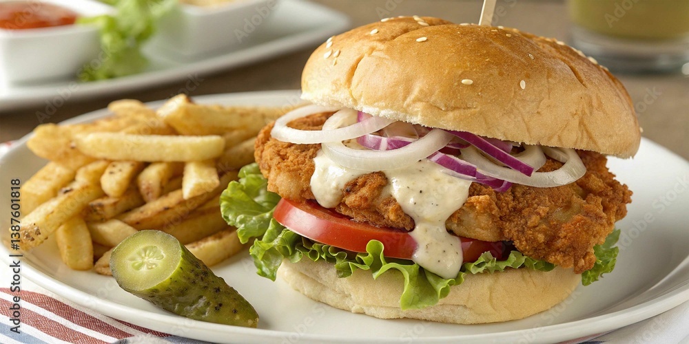This sandwich features a golden, crunchy fried chicken fillet, fresh green leaf lettuce, ripe tomato slices, crunchy pickle chips, creamy mayo-based sauce, and a drizzle of ketchup—all layered between This sandwich features a golden, crunchy fried chicken fillet, fresh green leaf lettuce, ripe tomato slices, crunchy pickle chips, creamy mayo-based sauce, and a drizzle of ketchup—all layered between