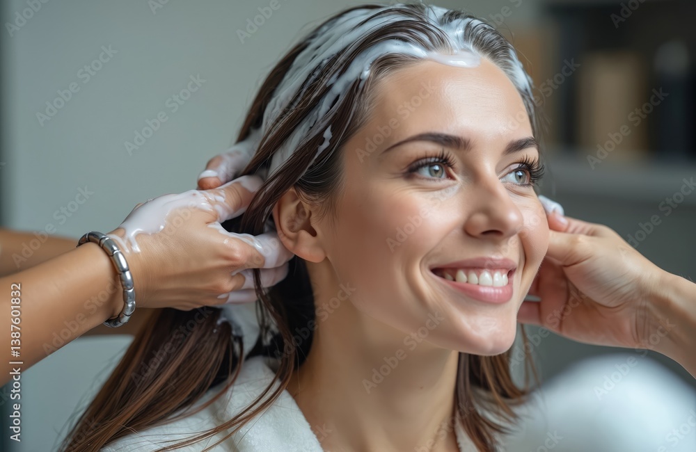 Fototapeta premium Happy client gets hair washed, shampooed in beauty salon. Apprentice hairdresser applies shampoo to woman long hair. Hair care, styling, spa service, relaxing treatment. Beautiful smiling female in