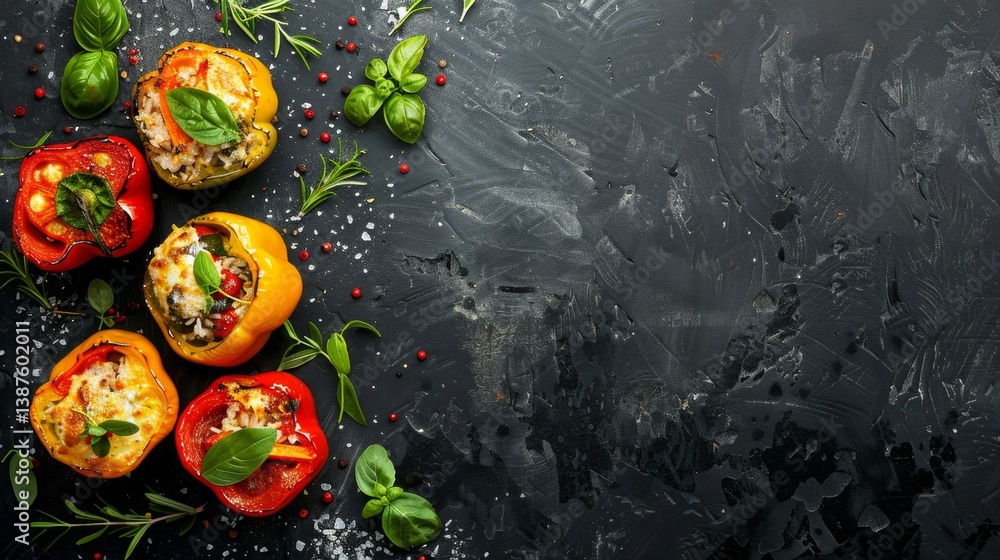 Fototapeta premium Top view of stuffed bell peppers with rice and veggies, topped with melted cheese and herbs