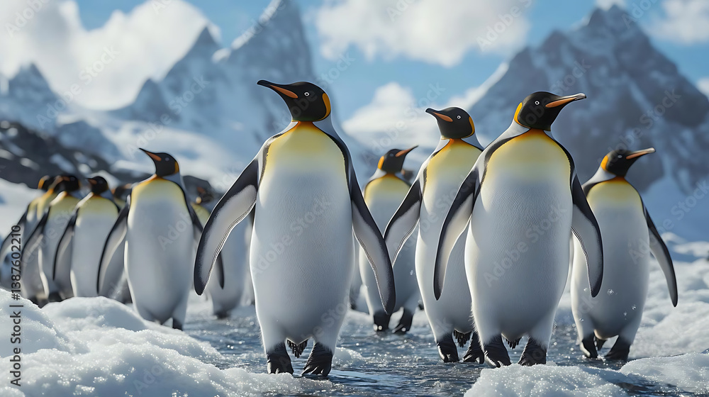 Obraz premium Photorealistic king penguins walking snow with mountains background, showcasing nature beauty