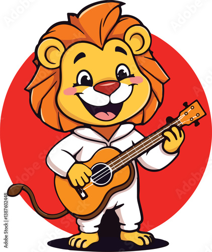 A funny cartoon lion character with a guitar and a cute lion cub animal illustration