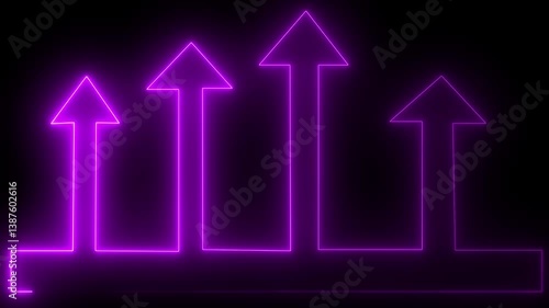 Neon up arrow concept and business graph icon. Neon glowing Financial business graph icon animation. on with black, background  Neon arrows pointing upwards, representing growth and success...