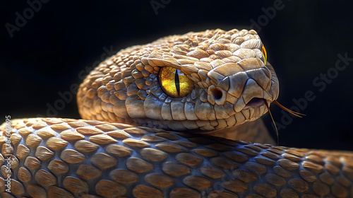 detailed close up of coiled rattlesnake showcasing its textured scales and striking yellow eyes