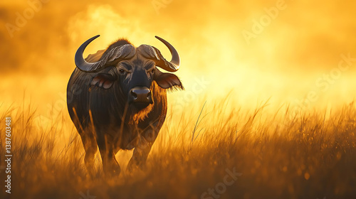 majestic African buffalo stands golden grass, surrounded by misty light, evoking sense