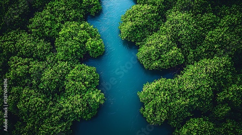 Aerial Embrace of Nature's Serenity: A captivating aerial perspective captures a serene river, winding its way through an emerald forest, showcasing the harmonious blend of nature's elements.