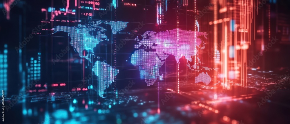 Obraz premium Abstract digital world map with vibrant data streams and glowing lines