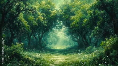 A whimsical forest unfolds in a watercolour embrace, where coniferous giants stand sentinel and deciduous wonders cast their dappled light on the forest floor, a symphony of nature's artistry. 