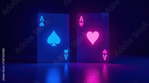 Aesthetic playing cards with glowing spade and heart symbols, creating vibrant contrast in dark setting