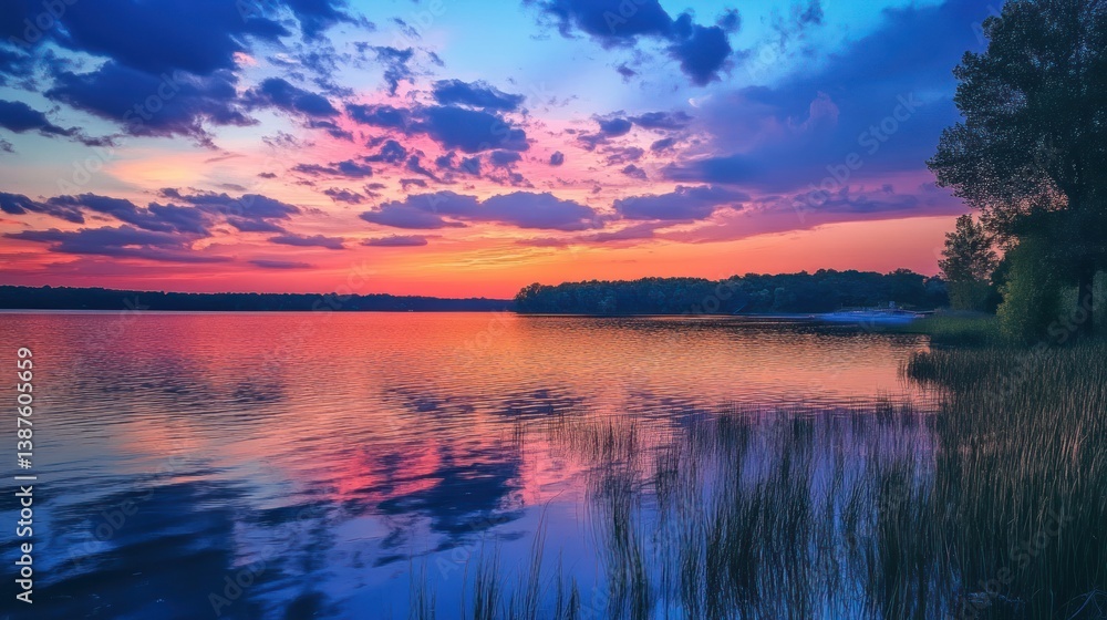 Fototapeta premium Picturesque lake reflecting twilight skies with vibrant colors and nature's tranquil allure