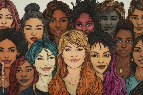 A diverse group of women from various ethnicities, smiling and looking towards the camera in an illustration style