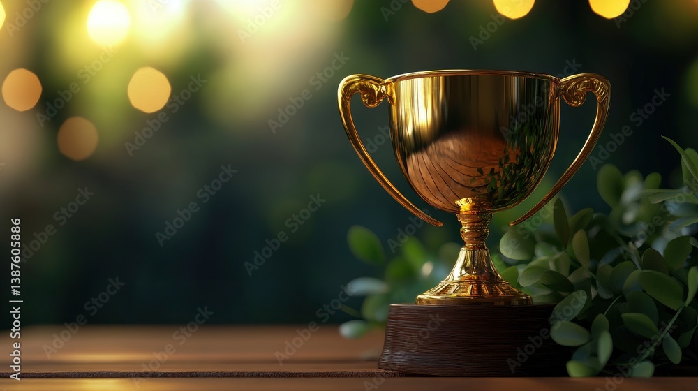 Golden Trophy Close-up on Wood Table with Greenery and Bokeh Lights Golden Trophy Close-up on Wood Table with Greenery and Bokeh Lights