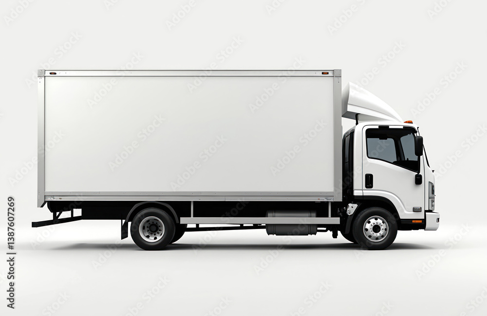 Delivery truck side view on white background. Cargo vehicle for transport. Isolated illustration for advertising. Blank space for text, logo, brand design. Commercial transport, logistics concept. Delivery truck side view on white background. Cargo vehicle for transport. Isolated illustration for advertising. Blank space for text, logo, brand design. Commercial transport, logistics concept.