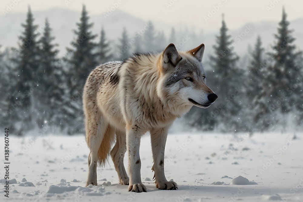 Fototapeta premium Wolf Standing in Winter Forest Landscape with Snow Covered Ground