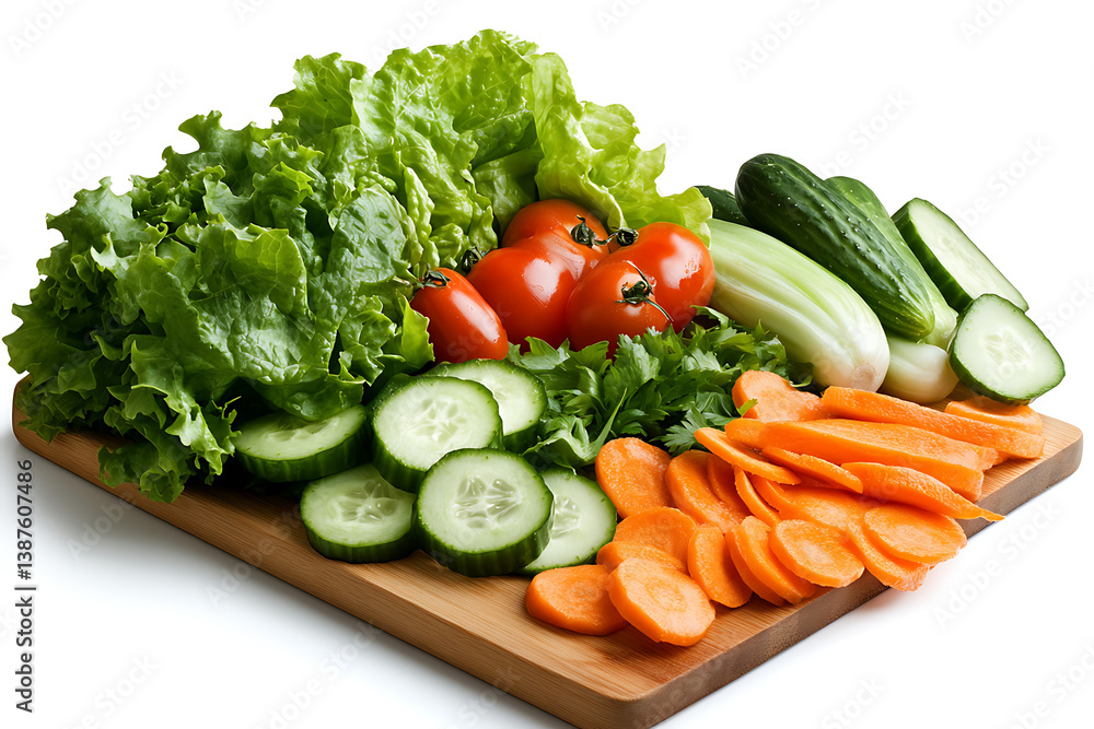 Fresh Vegetables on a Wooden Chopping Board – Lettuce, Cucumbers, Tomatoes, and Carrots Fresh Vegetables on a Wooden Chopping Board – Lettuce, Cucumbers, Tomatoes, and Carrots