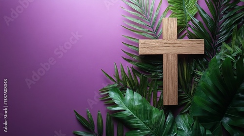 Wooden cross with palm leaves on purple background easter sunday religious christianity concept stock photo