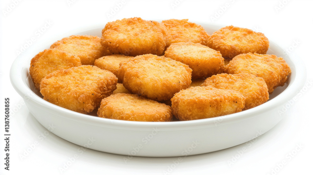 Crispy chicken nuggets arranged neatly on white plate, showcasing their golden brown texture and appetizing appearance Crispy chicken nuggets arranged neatly on white plate, showcasing their golden brown texture and appetizing appearance