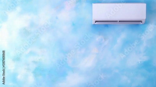 Wall-mounted air conditioner in a peaceful room with scenic outdoor view. Perfect for HVAC, comfort, and home climate control themes.