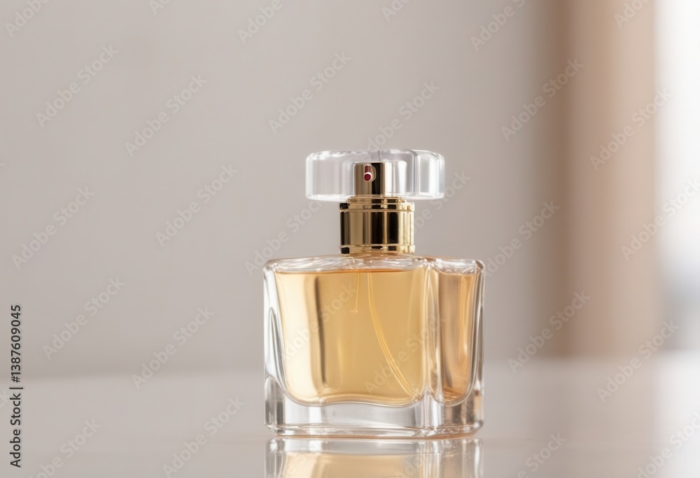 Elegant glass perfume bottle with gold accents on reflective surface Elegant glass perfume bottle with gold accents on reflective surface