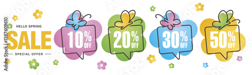 Spring Sale special offer 10 20 30 50 percent off colorful flower and butterfly negative space discount numbers over flower speech bubble stickers white background