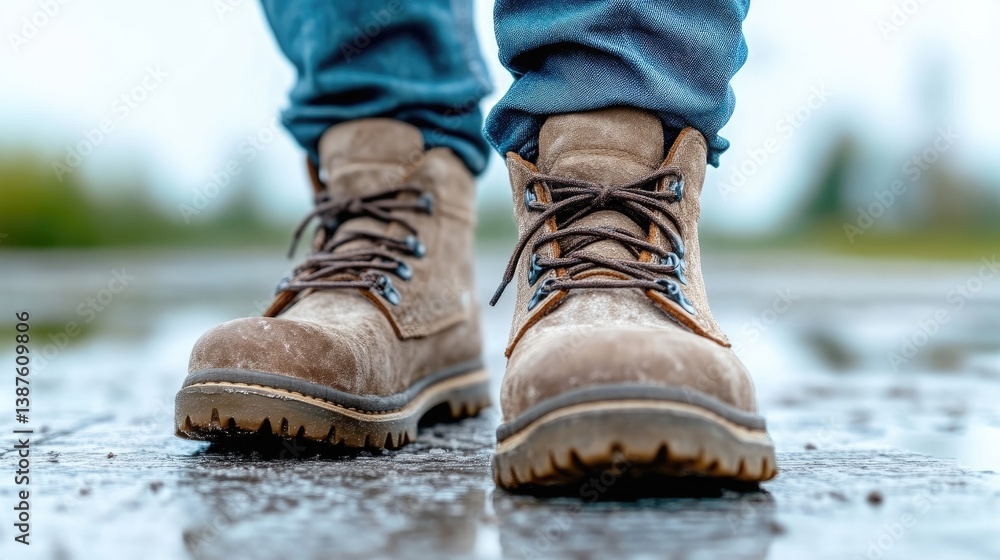 Close-up of brown boots on wet pavement. Man walking Close-up of brown boots on wet pavement. Man walking