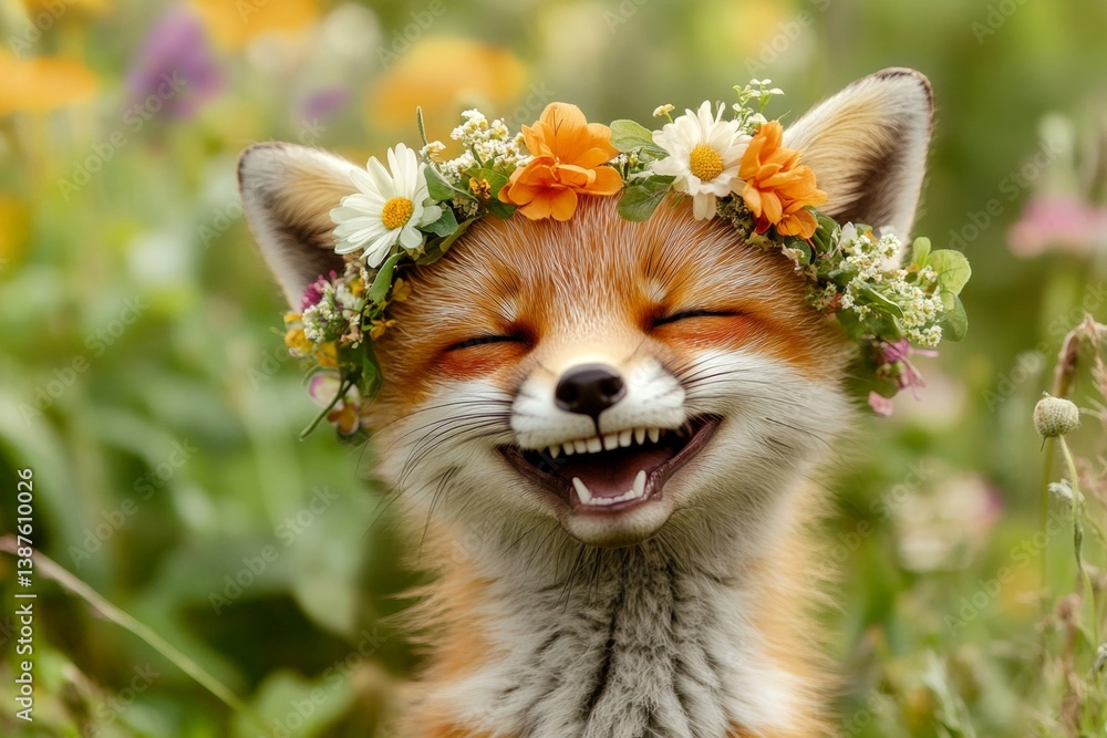 Obraz premium Summer happiness. Cute baby animal fox wearing feral flower wreath on its head. Sunny daylight. Wild animal with flower wreath. Free-spirited animal in nature. Animal with floral elegance.