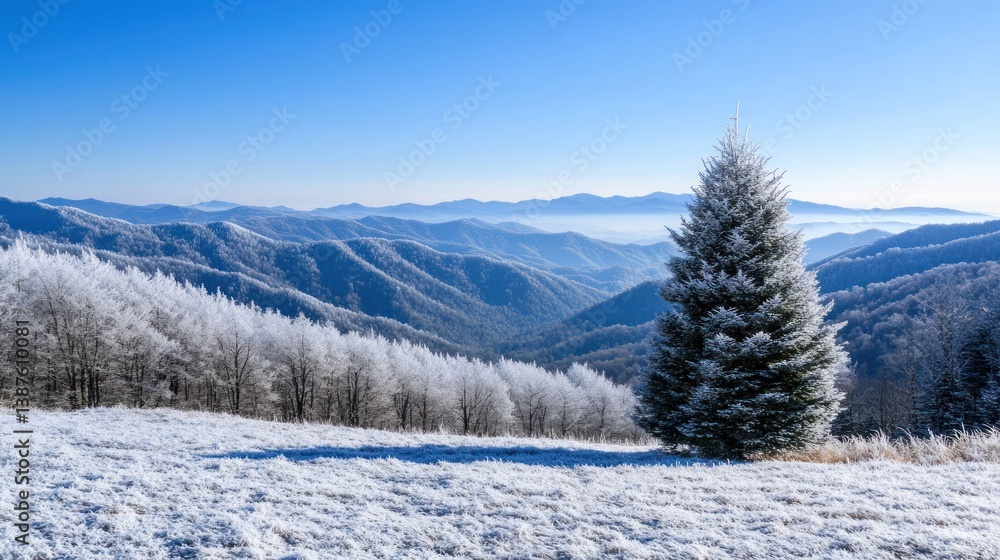 Snowy mountain landscape with frosted trees Snowy mountain landscape with frosted trees