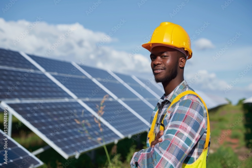 Portrait of a young african american male engineer on solar farm Portrait of a young african american male engineer on solar farm