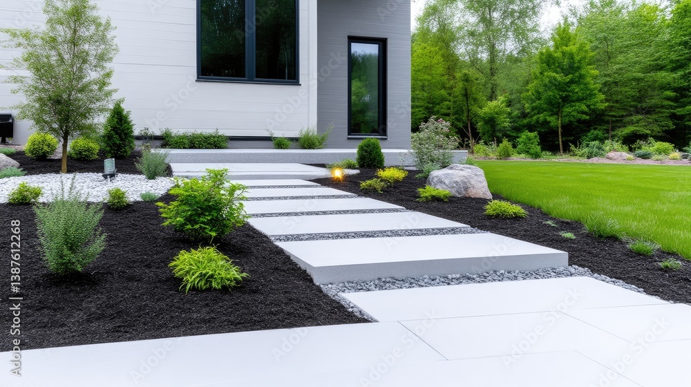Obraz premium A modern walkway of light gray concrete slabs leads to a house. Landscaping includes dark mulch, small shrubs, and gravel. The high-resolution image uses natural lighting. The style is minimalist a