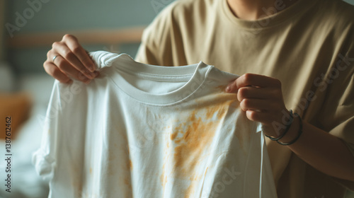 Person holding up a stained white t shirt with brown stains on the front in a well lit room