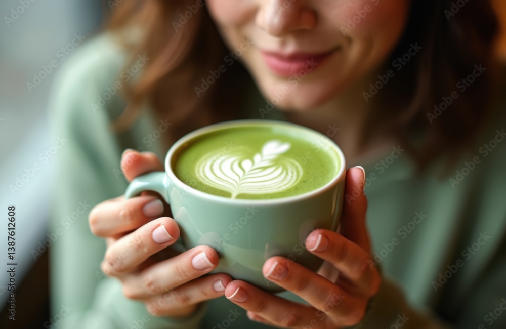 Woman holds matcha latte in cafe. Cup matcha tea in female hands close-up. Drink beverage with foam art. Healthy green drink with caffeine for energy. Cafe, lifestyle, wellness, organic beverage. Woman holds matcha latte in cafe. Cup matcha tea in female hands close-up. Drink beverage with foam art. Healthy green drink with caffeine for energy. Cafe, lifestyle, wellness, organic beverage.