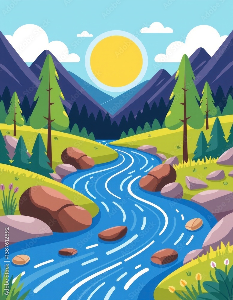 Obraz premium Serene Mountain River Landscape Sunny Day Winding Stream Rocks Trees