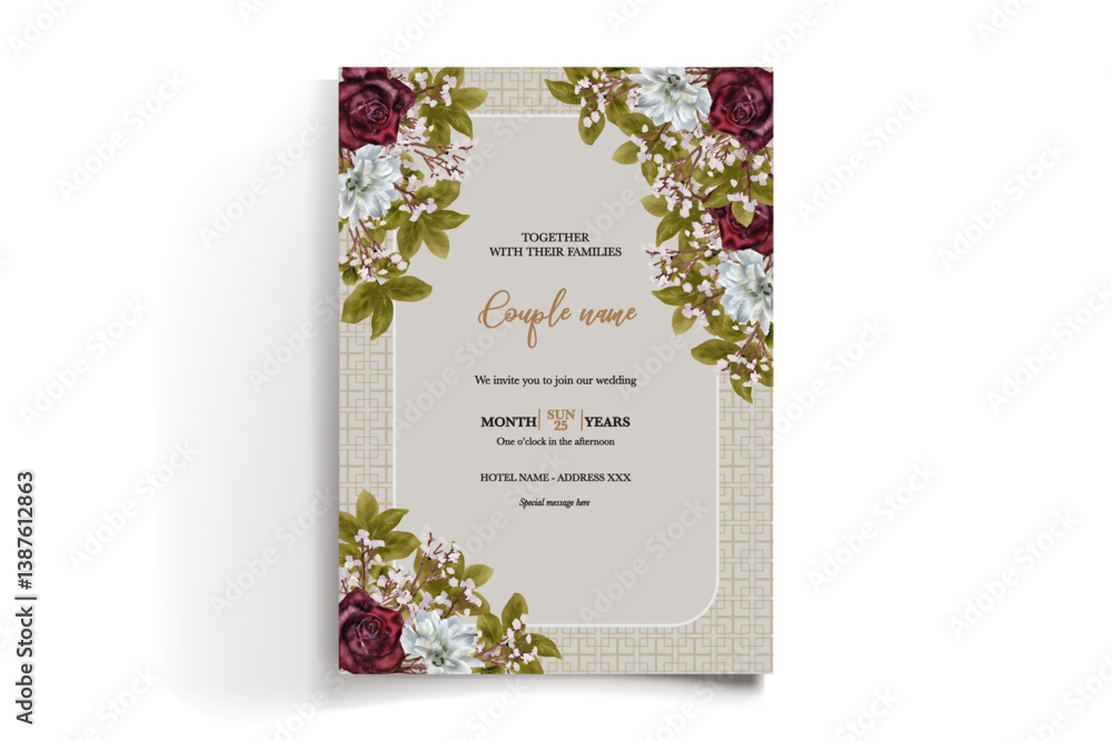WEDDING INVITATION FRAME WITH FLOWER DECORATIONS AND FRESH LEAVES WEDDING INVITATION FRAME WITH FLOWER DECORATIONS AND FRESH LEAVES