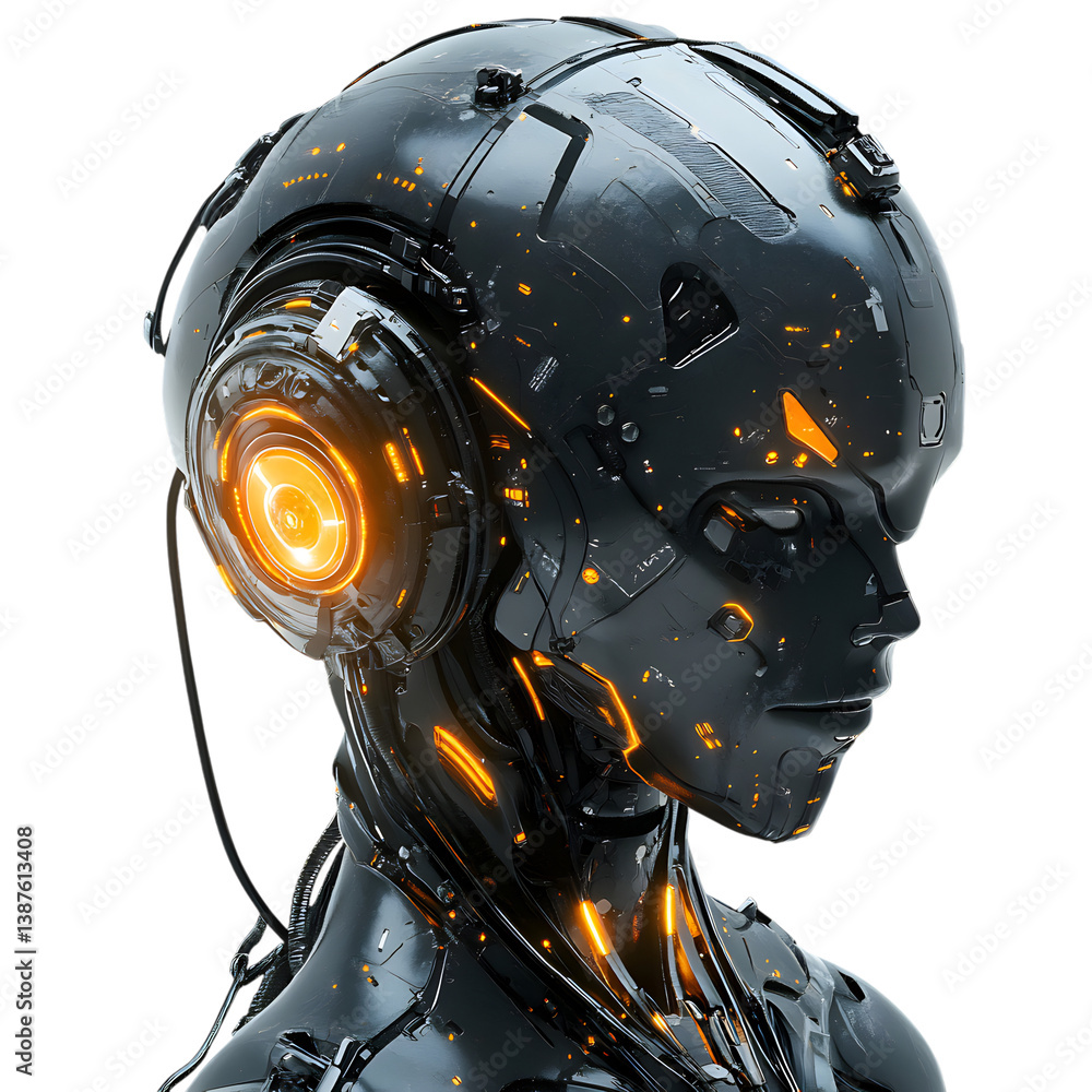 Fototapeta premium Humanoid Robot with Glowing Core and Headphones Isolated on Transparent Background