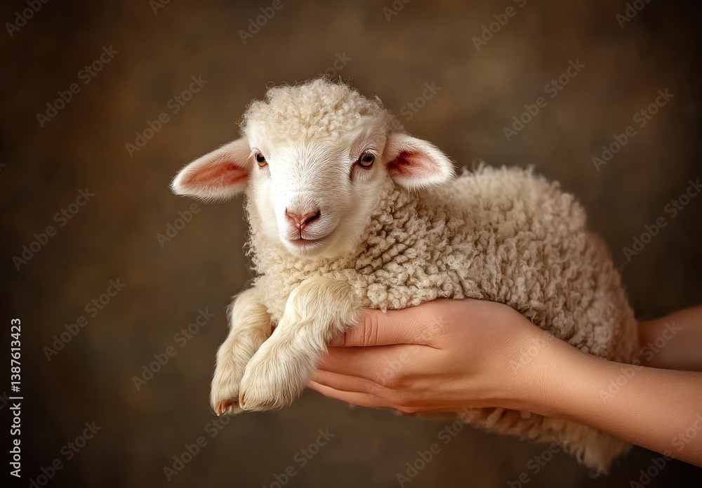 Fototapeta premium Person holding a fluffy white lamb gently in their hands. 