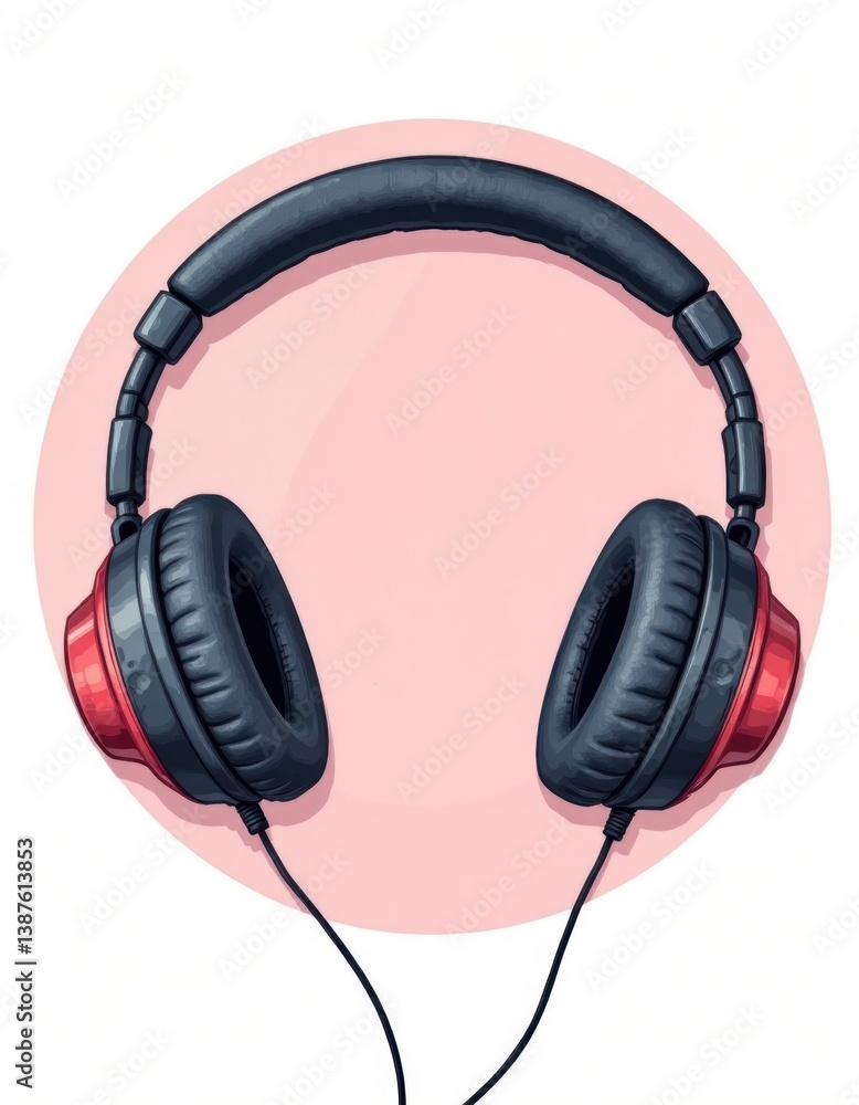 Stylish Over Ear Headphones with Red Accents on Pink Background Music Listening Concept Stylish Over Ear Headphones with Red Accents on Pink Background Music Listening Concept