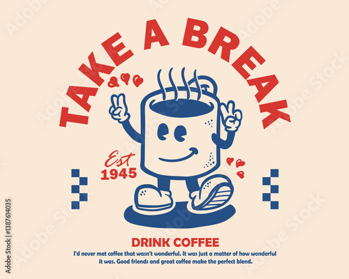 Groovy funky vector of coffee cup mascot illustration cartoon style, retro and trendy graphic design for fashion wear, street wear, clothing line, apparel and urban style t shirt design, hoodies, etc.
