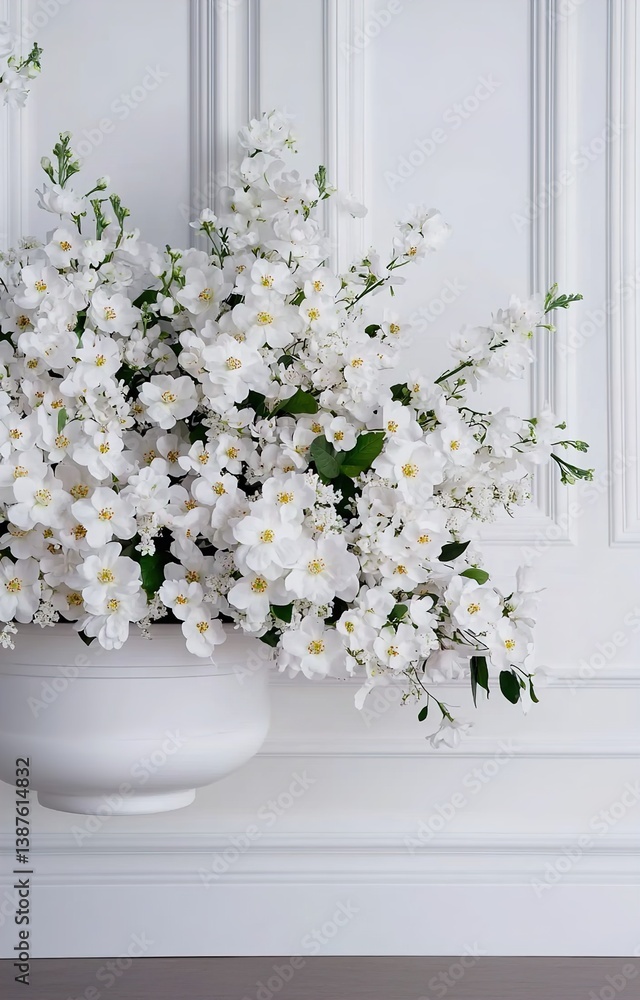 Fototapeta premium Elegant white floral centerpiece, window backdrop, wedding reception isolated background