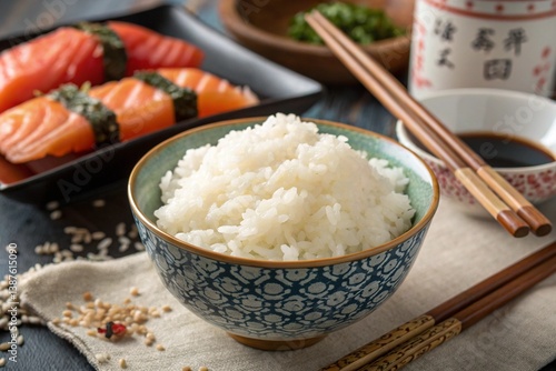 Closeup of a bowl of steamed rice with chopsticks, a healthy vegetarian dish, isolated on a white background, perfect for breakfast, lunch, or dinner