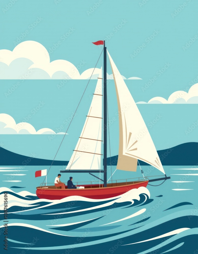 Fototapeta premium Sailboat Adventure Two Sailors Navigating Ocean Waves Under a Sunny Sky