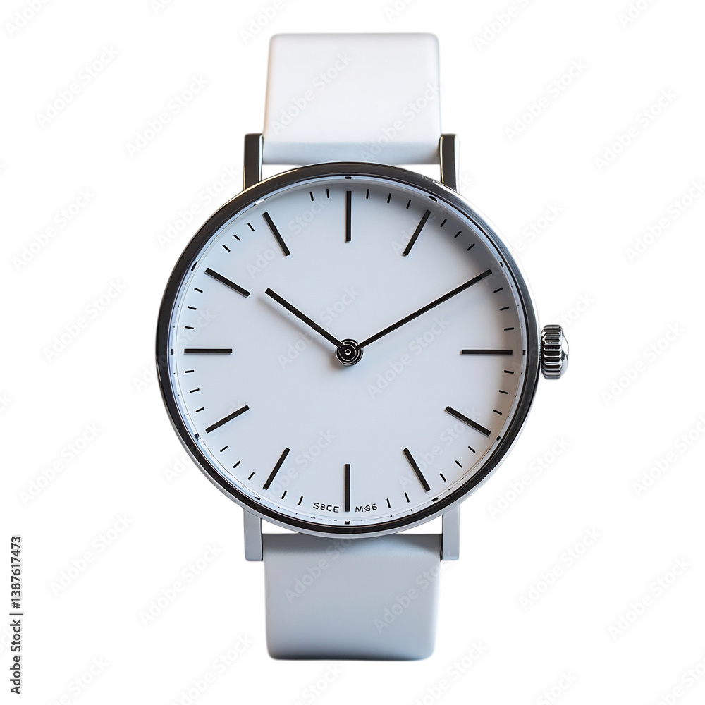 Minimalist Watch with Silver Detailing and White Face with Black Numbers Isolated on Transparent Background Minimalist Watch with Silver Detailing and White Face with Black Numbers Isolated on Transparent Background