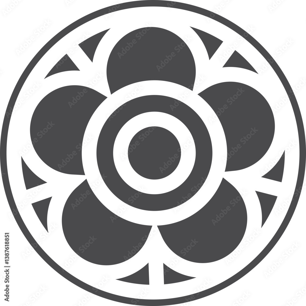 Gothic circle rose window with medieval ornament. Cathedral rosette. Christian architecture element with stained glass. Radial frame. Gothic circle rose window with medieval ornament. Cathedral rosette. Christian architecture element with stained glass. Radial frame.