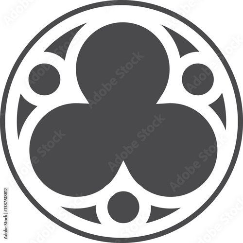 Gothic circle rose window with medieval ornament. Cathedral rosette. Christian architecture element with stained glass. Radial frame.