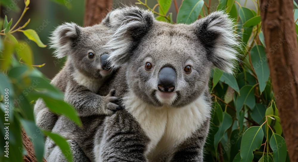 Obraz premium A close-up of a mother koala with a joey on its back, amidst vibrant green leaf