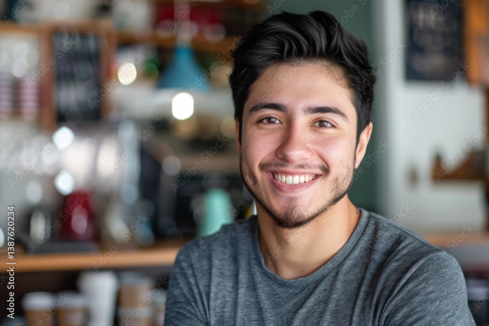 Obraz premium Portrait of a smiling young hispanic man in a coffee shop