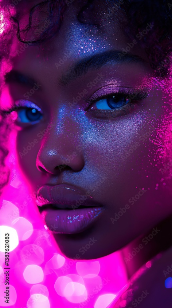 Glitter-covered face glowing under purple light, glossy lips and shimmering eyeshadow visible Glitter-covered face glowing under purple light, glossy lips and shimmering eyeshadow visible